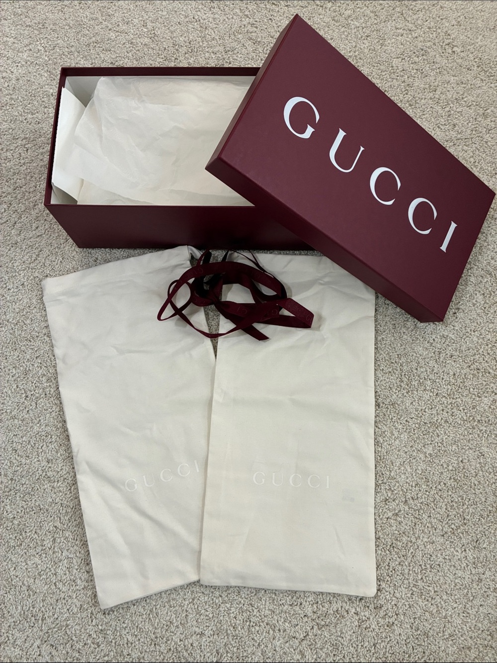 Gucci Burgundy Logo Shoe Box with White Dust Bags
